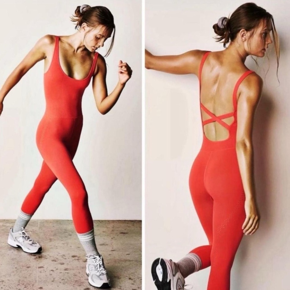 NWT FP Movement Good Karma Cherry Tomato Red Athleisure Workout Onesie, Sz XS/S